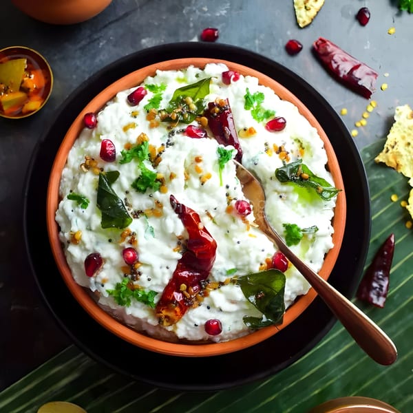 Masthi Indian Cuisine's curd rice, garnished with pomegranate, chilies, and herbs, served in a clay bowl.